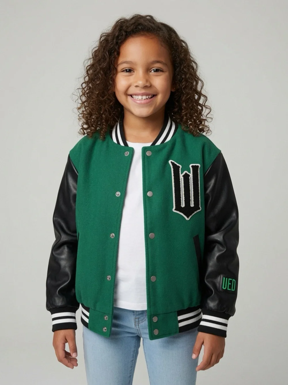 Wicked Justice Green Varsity Jacket Black Leather Sleeves Girls Size S 7/8